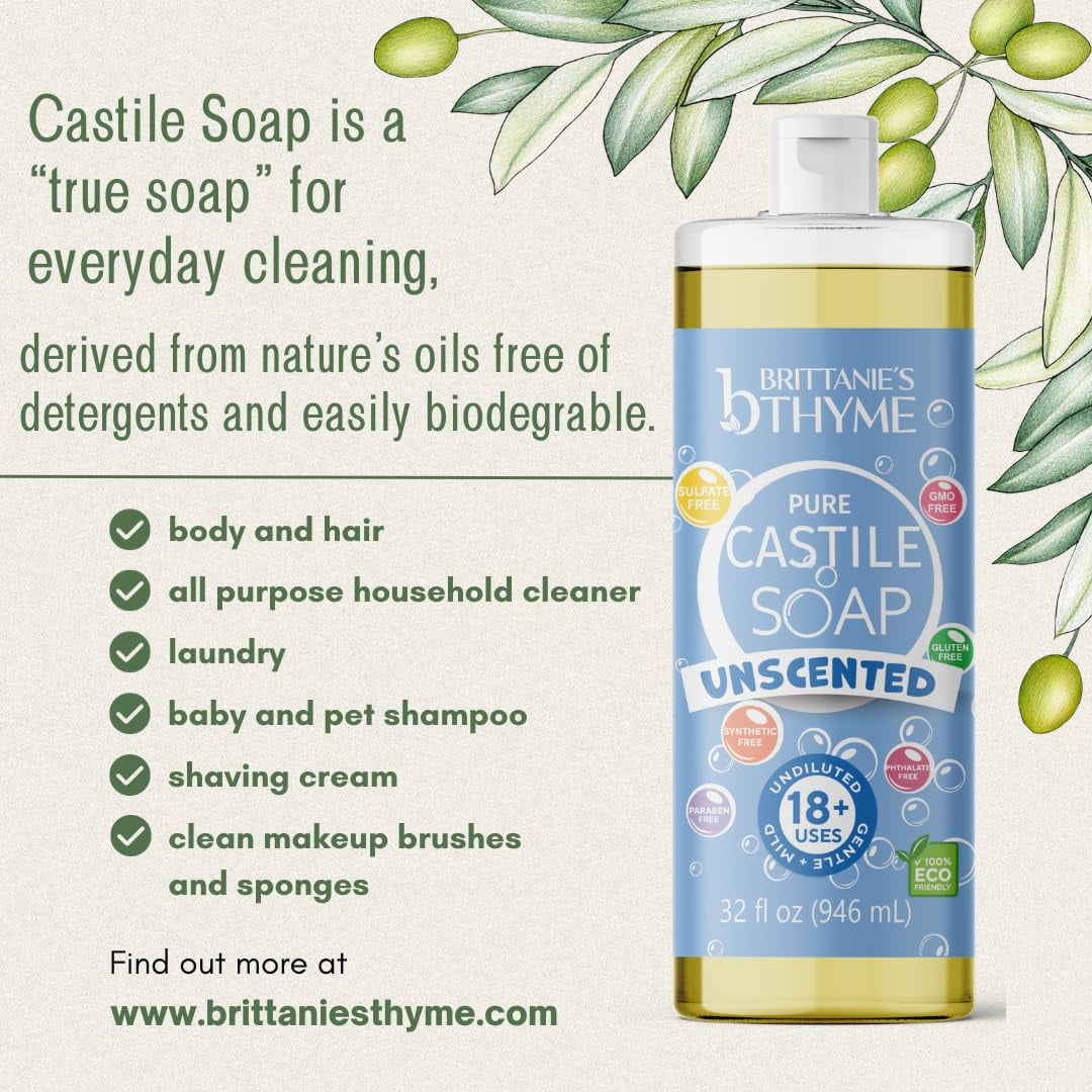 Brittanie’s Pure Castile Liquid Soap Refill, Unscented, 32 Ounce Pack of 2 | Dish Soap, Hair & Body, Home, Gentle and Pure, Made with Natural Luxurious Oils, Vegan & Gluten Free Non-GMO