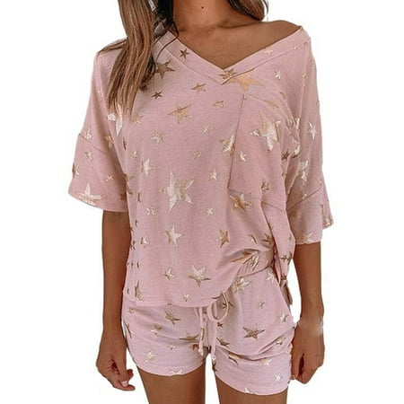

Ladies Fashion Stars Hot Stamping Print Short Sleeves Casual Homewear Pajamas Pullover Top Pants Set Women s Fashion Star Print Short Sleeve Casual Home Wear Pajamas Top Pants Suit