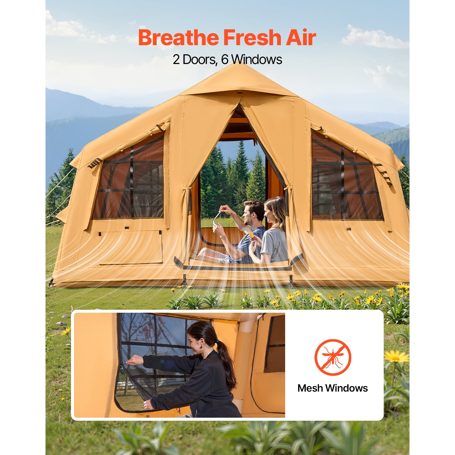 KFFKFF Inflatable Tent for Camping, 15.75 x 11.81 x 7.22 Ft Glamping Blow up Tent for 8-12 People, Air-Filled Camping Shelters, Outdoor Living Tent with Dual Sunroofs, Stove Jack