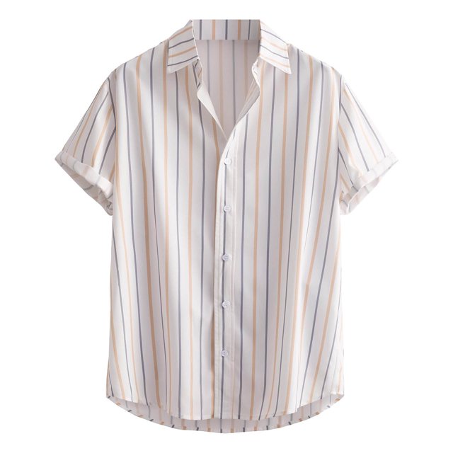 Camisa Hombre Camisa informal de solapa suelta para hombre, camisa a rayas de manga corta con botones, Top de verano hawaiano de playa de (White, M)