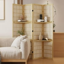 Room Divider with Shelves, 66.9-Inch Tall Japanese Shoji Style Wood Screen with Double Hinges for Home Office Bedroom Hotel Decoration (4 Panels, Natural)