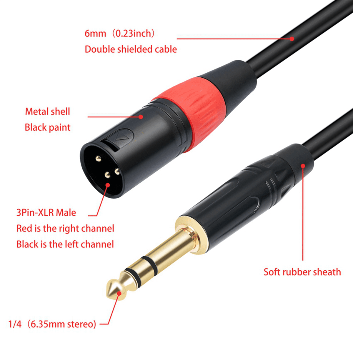 2X Jack 6.35mm 1/4 TRS Stereo to Double XLR Male Audio Cable Extension Cable Y Splitter Audio Cable 200cm,2x Audio Cable,Black