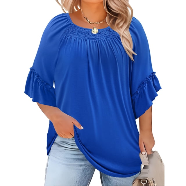 Top Micoson de talla grande para mujer, elegante, con volantes, manga corta