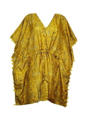 Mogul Women's Short Caftan Dress Kimono Sleeves Printed Pom Pom Tassel Resort Wear Cover Up Tunic Kaftan S/M/L