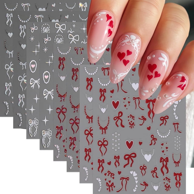 Pegatinas Quezadyl para decoración de uñas con forma de corazón con lazo para el día de San Valentín