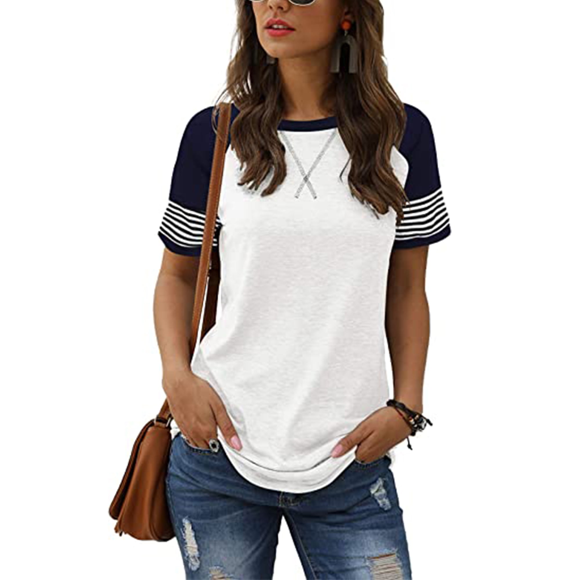 TEMOFON Women's Short Sleeve Tops Leopard Color Block T Shirt Casual ...