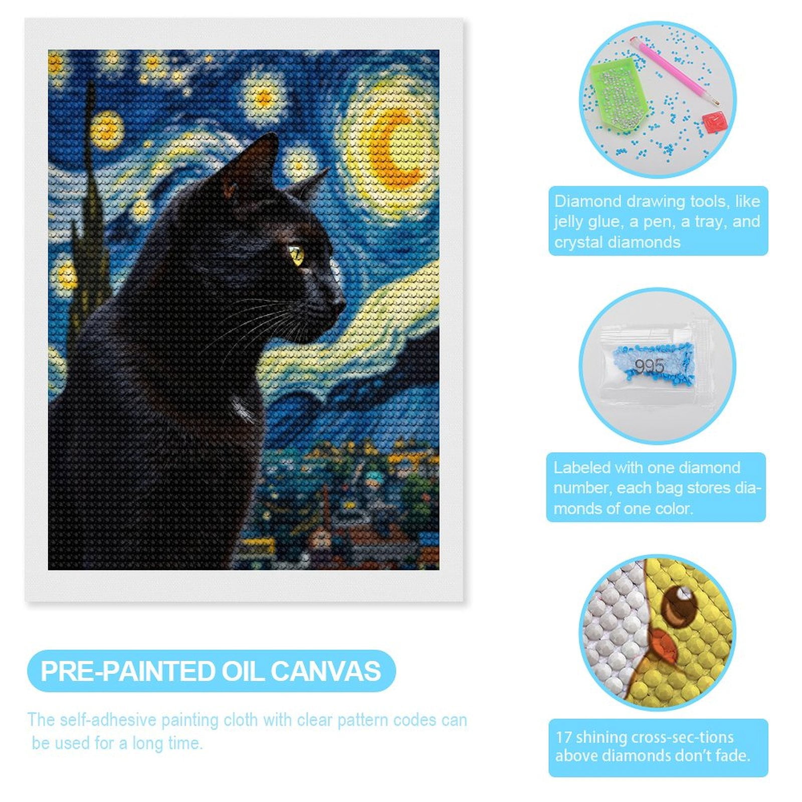 Diamond Art Kits for Adults, Starry Night Black Cat 5D Diamond Painting Kits for Adults Beginners, DIY Full Drill Diamond Painting, Gem Art and Crafts 12x16