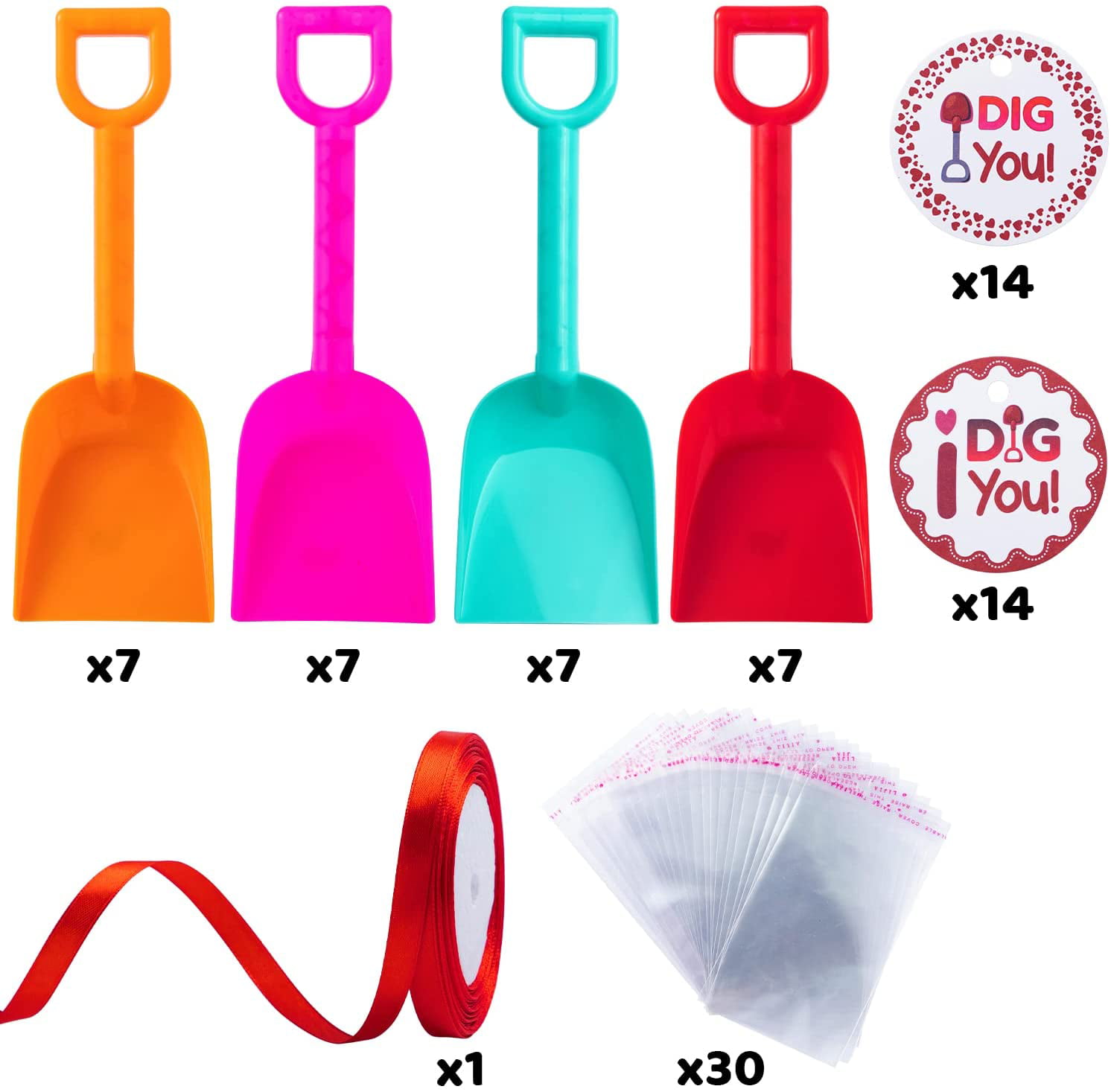 30 Valentine's Day Toy Shovels 30 I Dig you Stickers Cello Bags 60 Strips Ribbon 