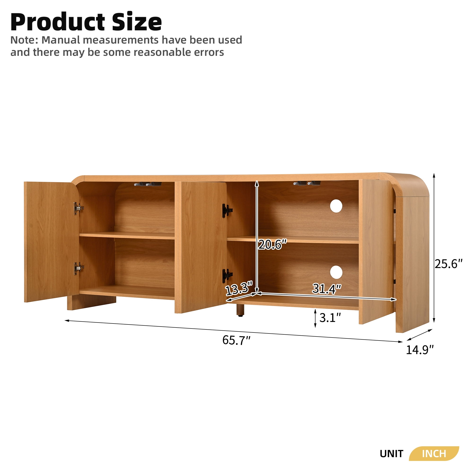 Aukfa Mid Century Modern TV Stand for TVs up to 70",Curved Design & Push-to-Open Doors, Natural