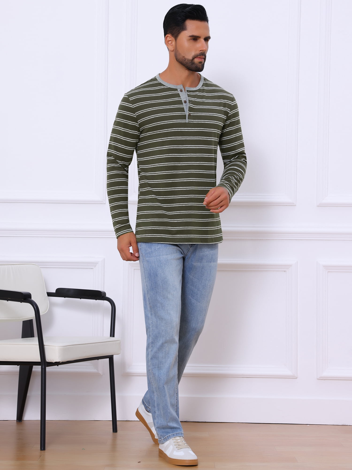 DARING DIVA Men's Long Sleeve Contrasting Colors Striped Henley T-Shirt S Dark Green