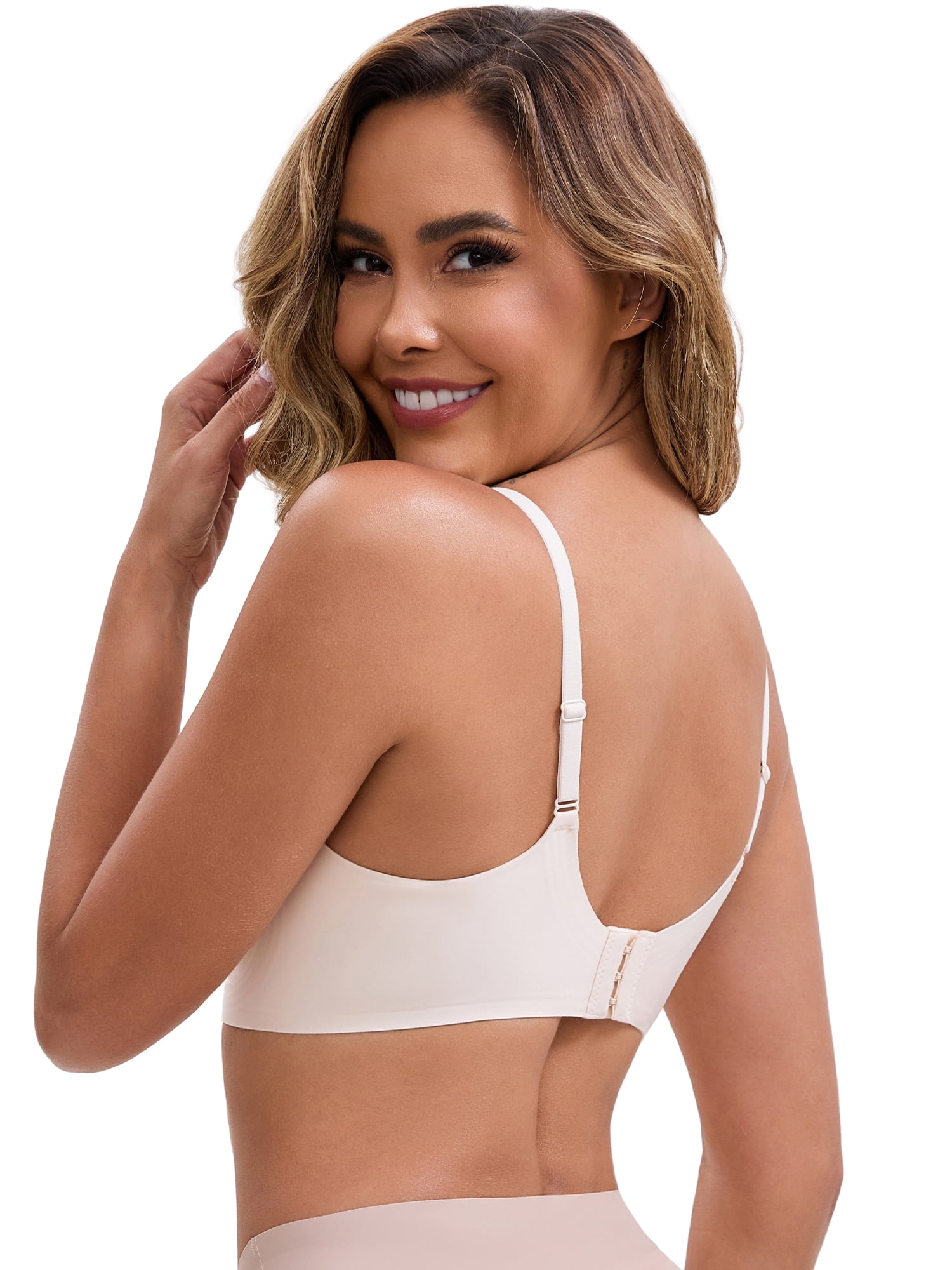 DARING DIVA Lace Trim V-Neck Wireless Bra Adjustable Spaghetti Straps Lift Up M Beige