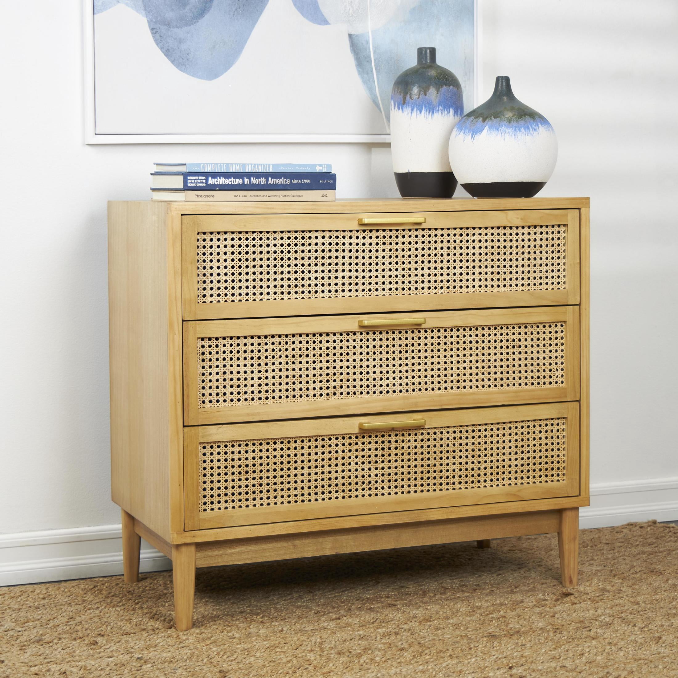 DecMode 36" x 32" Light Brown Wood 3 Drawer Chest with Beige Rattan Drawers and Gold Handles, 1-Piece