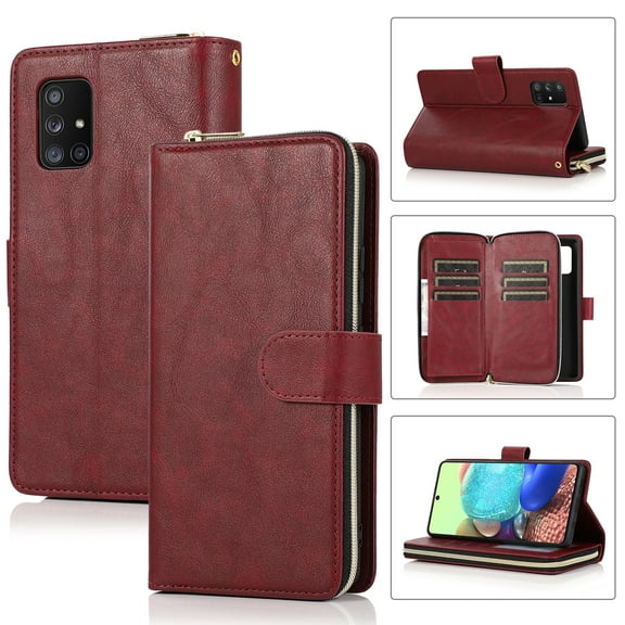 Feishell for Samsung Galaxy A71 5G (6.7 inch) Wallet Case for Women Men,Premium PU Leather Magnetic Clasp Zipper 9 Card Slots Folio Flip Holder Shockproof Purse Phone Case with Wrist Strap,Winered