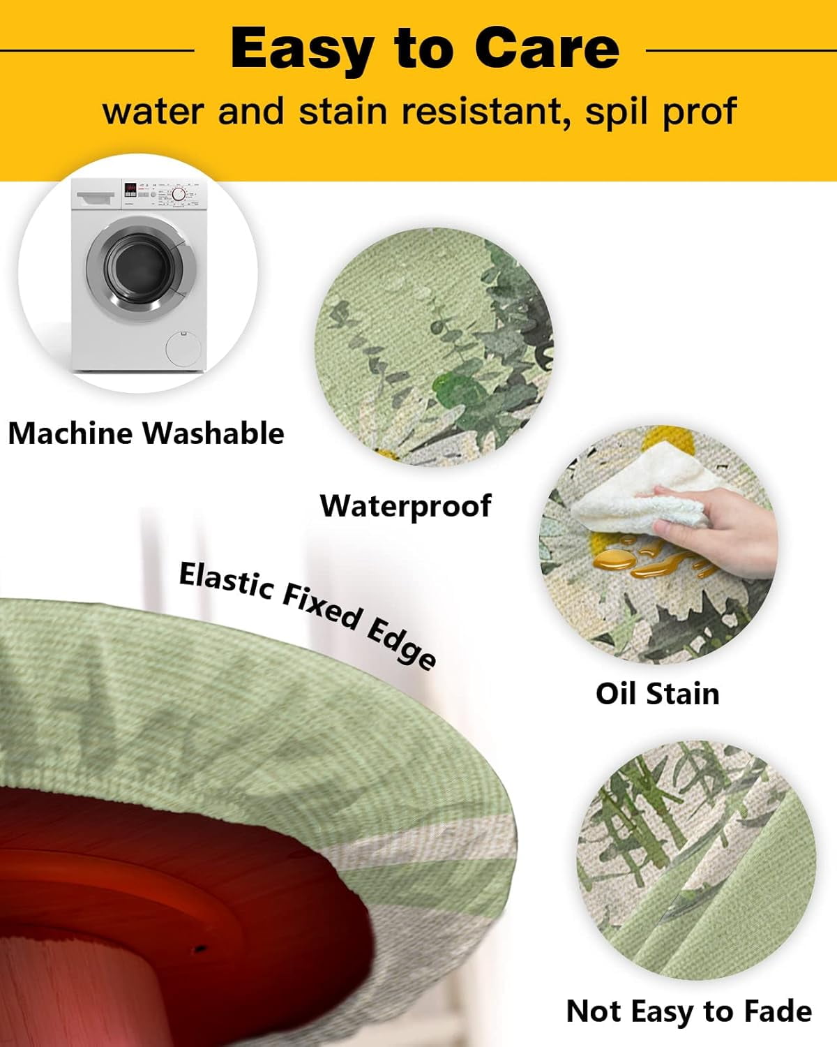 Spring Daisies Flower Watercolor Round Tablecloth Fitted Table Cover,Farmhouse Green White Summer Elastic Tablecloths Waterproof Outdoor Indoor Stretch Cloth Tablecover for Dinner,Party,Shower,45-52IN