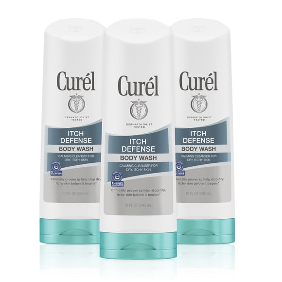 Curél Nettoyant Quotidien Apaisant Itch Defense, Gel Douche, Formule Sans Savon, pour Peau Sèche et Qui Démange, avec Huile Hydratante de Jojoba et d'Olive, 10 Oz, Lot de 3