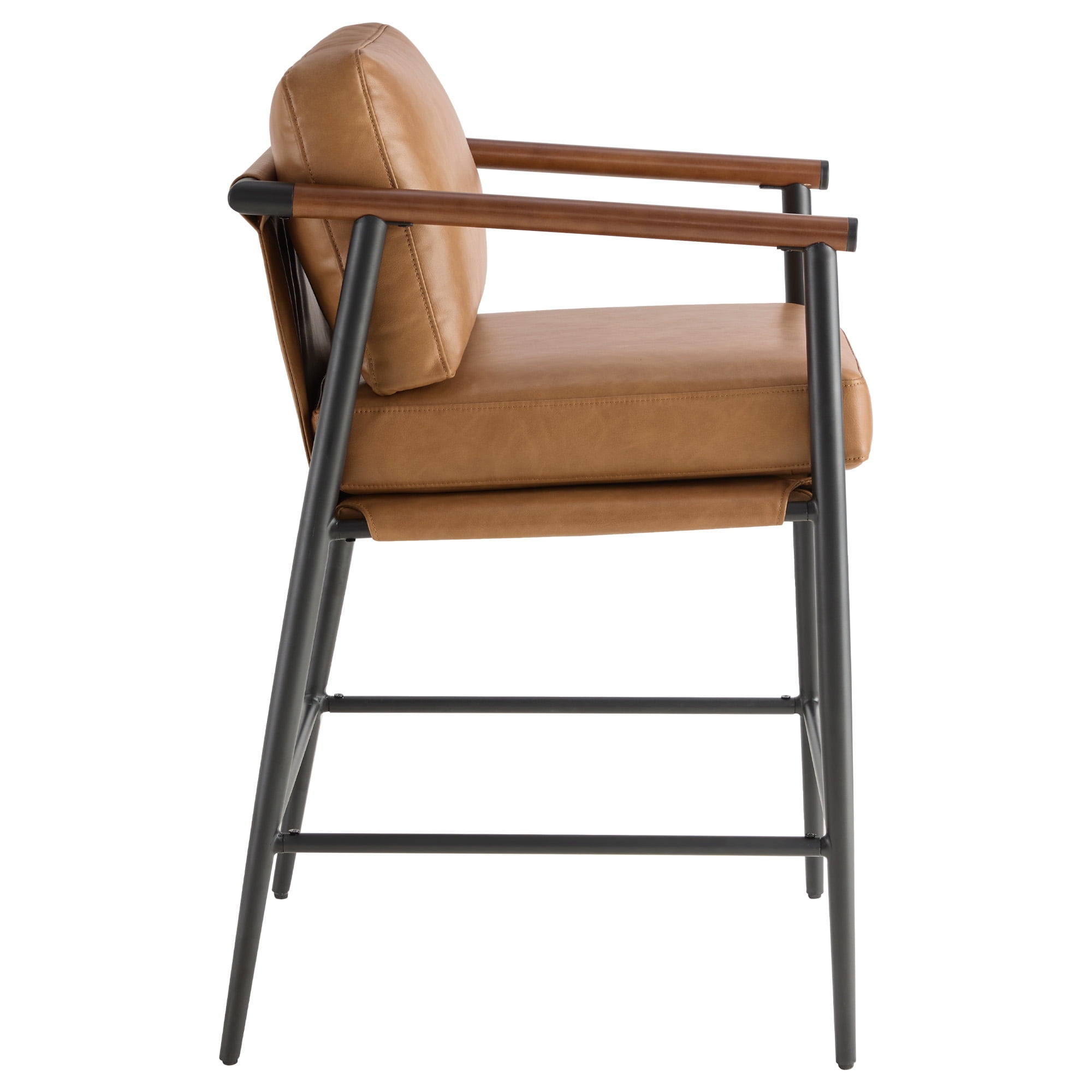 Spruce & Spring Mid-Century Modern Counter Stool Set with Wood Armrests and Cushioned Sling Seat Set of 2, Cognac Faux Leather