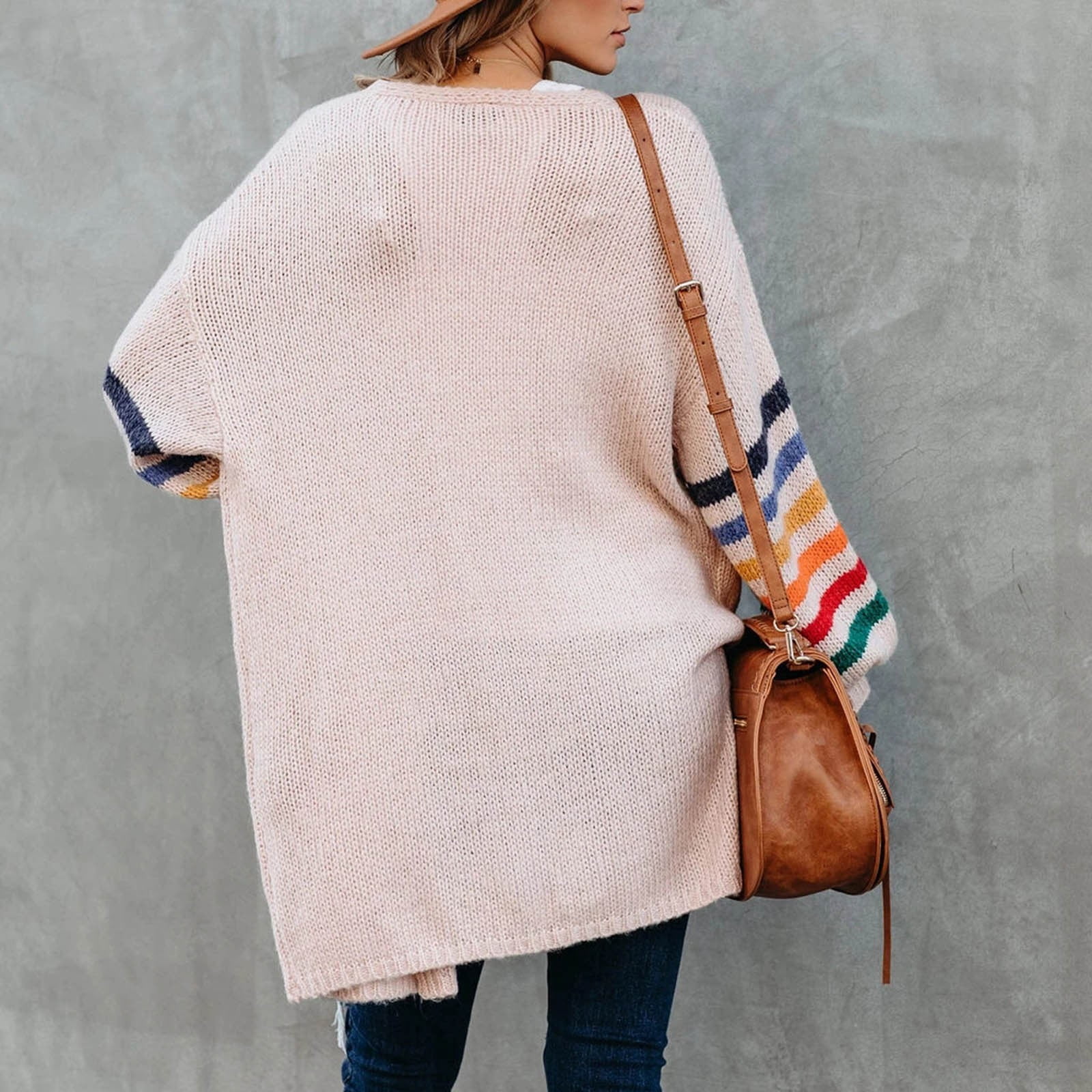 Skpblutn Women'S Cardigan Sweaters Winter Fall Casual Comfortable Tops Over Plus Size Warm Rainbow Stripe Print Open Front Fashion Outwear Neck Long Sleeve Knit Sweater Coats Pink L
