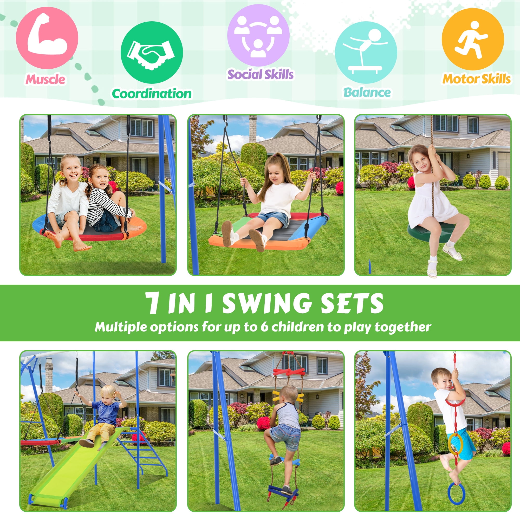 Aukfa 7 in 1 Kids Swing Set with Slide, Heavy-Duty Metal Playset with Climbing for Backyard, Blue