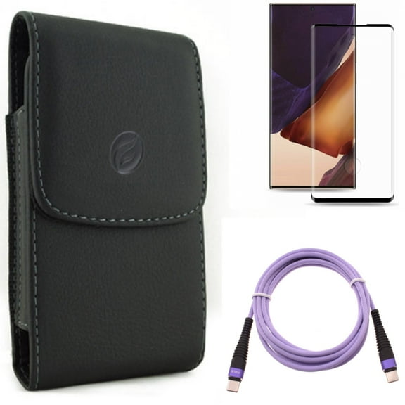 Screen Protector & Purple 6ft PD Cable & Case Belt Clip for Samsung Galaxy Note 20 Ultra (6.9") - Combo with Tempered Glass (Fingerprint Unlock) & Type-C to USB-C Long Charger Cord & Leather Holster