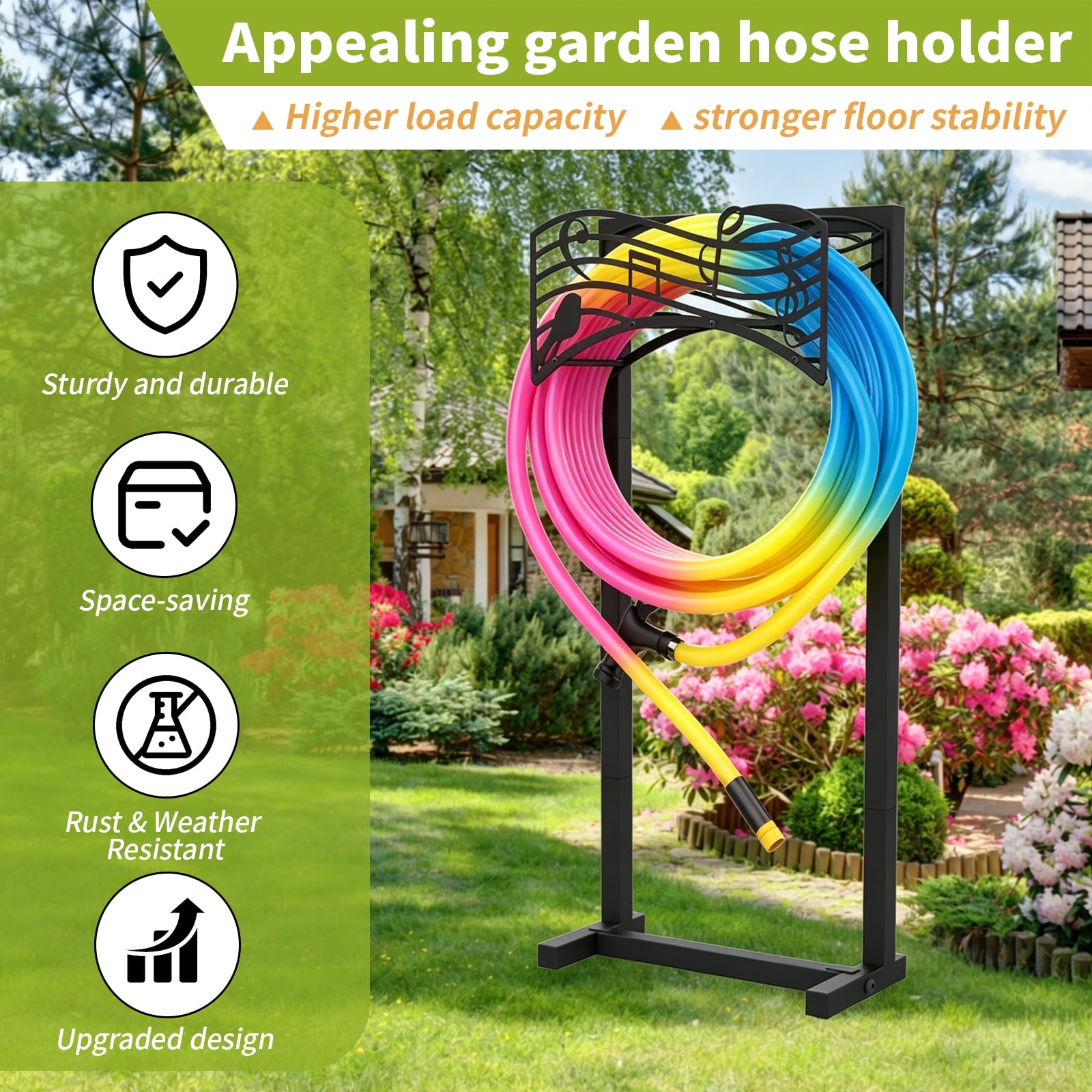 Goobetter Garden Hose Holder for Outside Freestanding, Decorative Water Hose Stand Heavy Duty with 4 Spikes, Metal Hose Reels Hanger Storage for 150-Feet Hoses Hose Rack Stake for Lawn Yard