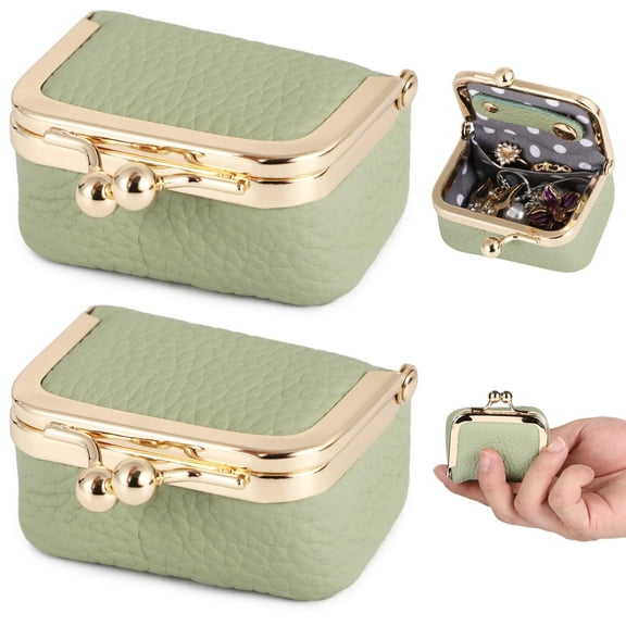 2 PCS Genuine Leather Mini Jewelry Box,Travel Jewelry Organizer with Kiss Lock,Portable Storage Case for Rings,Earrings,Wired Headphones