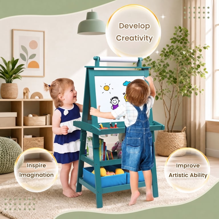 Costway 3-in-1 Double-Sided Wooden Kids Art Easel, Blue photo 6
