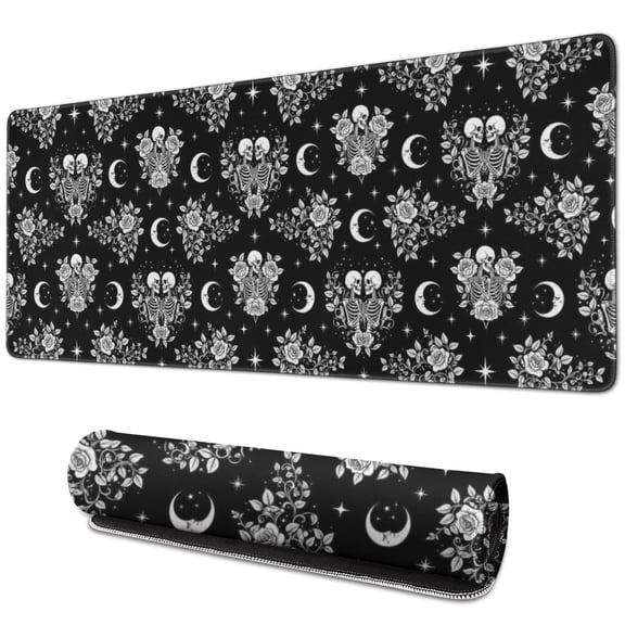 Long Mouse Pads for Desk,Black Skeleton Rose Moon Pattern Desk Mats on Top Of Desks, Desk Mouse Pad Extra Large with 3mm Non-Slip Base and Stitched Edge for Gaming,Office,Work,Home 31.5"x11.8"