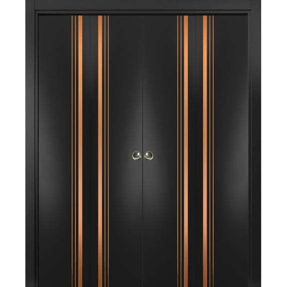 Sliding Closet Double Bi-fold Doors | Planum 1010 Matte Black with Frosted Glass | Sturdy Tracks Moldings Trims Hardware Set | Wood Solid Bedroom Wardrobe Doors