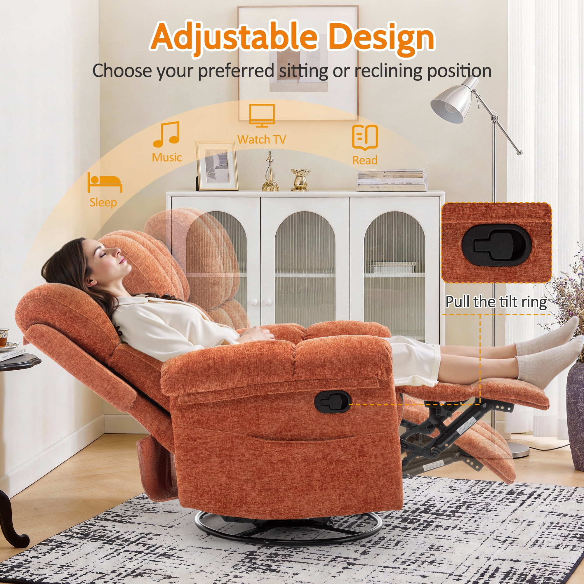 Korser Small Recliners for Small Spaces,Swivel Rocker Recliner Chair with Side Pockets for Living Room,Orange