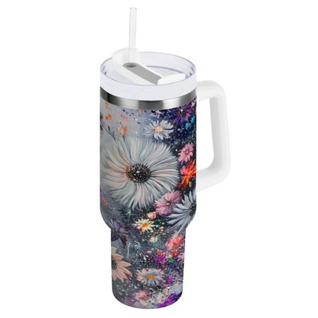 

Stainless Steel Tumbler with Straw and Handle Double Wall Insulated Tumblers Featuring Floating Flowers