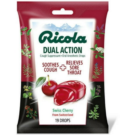 4 Pack - Ricola Dual Action Cough Suppressant Oral Anesthetic Drops, Swiss Cherry 19 (Best Cough Suppressant Uk)