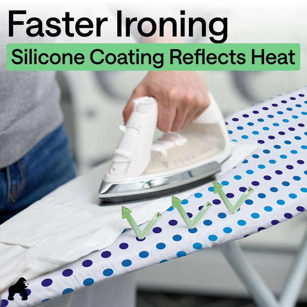 GORILLA GRIP Scorch Resistant Ironing Board Cover, Silicone Coating, Hook and Loop Fastener Strap, Blue Dots