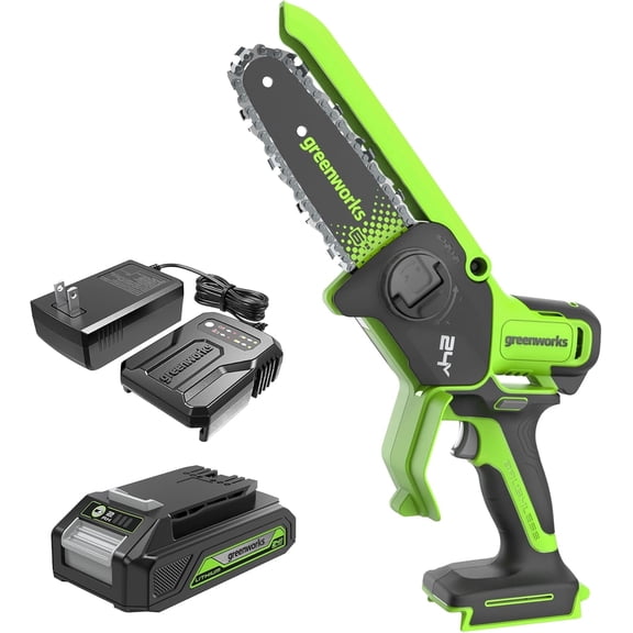 Greenworks 24V 6in BL Pruning Saw with Auto Oiler, (1) 2.0Ah Battery and 2A Adapter Charger for Tree Trimming and Pruning