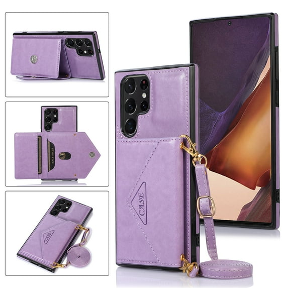 SaniMore for Samsung Galaxy S23 Ultra 6.8" 2023 Case with Back Folding Card Pocket Kickstand Detachable Adjustable Crossbody Shoulder Strap PU Leather Shockproof Slim Wallet Case, Purple