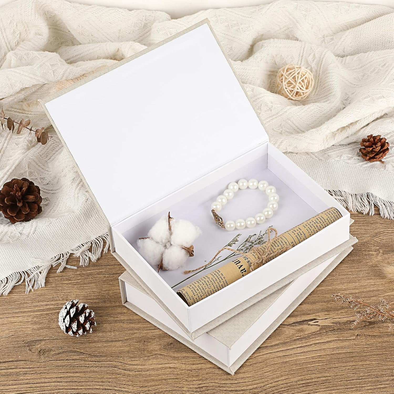 ABPETE 3 Pcs Faux Book Box for Decoration Beige Neutral Linen Photo Storage Boxes Memory Box with Magnetic Lid for Keepsake Home Decor Boxes for Bookshelf Coffee Table