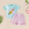 thumbnail image 2 of mgoYE Toddler Baby Girls Summer Clothes Back to School Smocked Short Sleeve T-Shirt Tops Ruffled Plaid Short Sets Cute Outfits 2Pcs(Light Blue,2-3 Years), 2 of 3