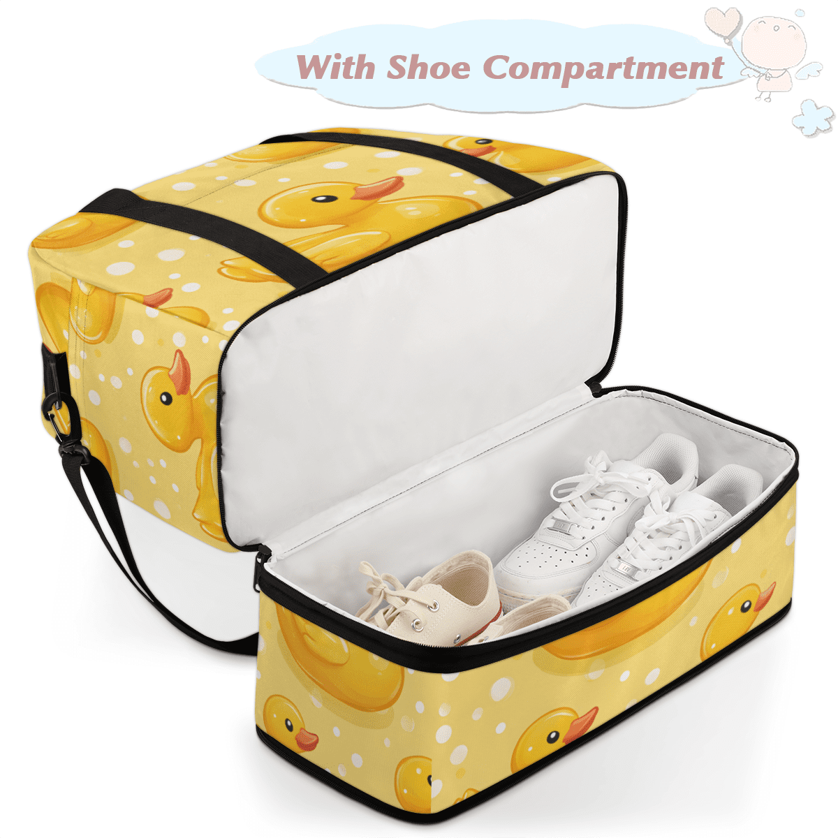 Herdesigns Yellow Duck Foldable Travel Duffel Bag for Women Men, Polka Dots Weekend Overnight Carry On Bags with Shoe Compartment
