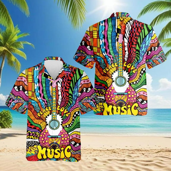 Hippie Peace Love Music Hawaiian Shirt for Men, Button Down Summer Beach Short Sleeve, Sizes S-5XL