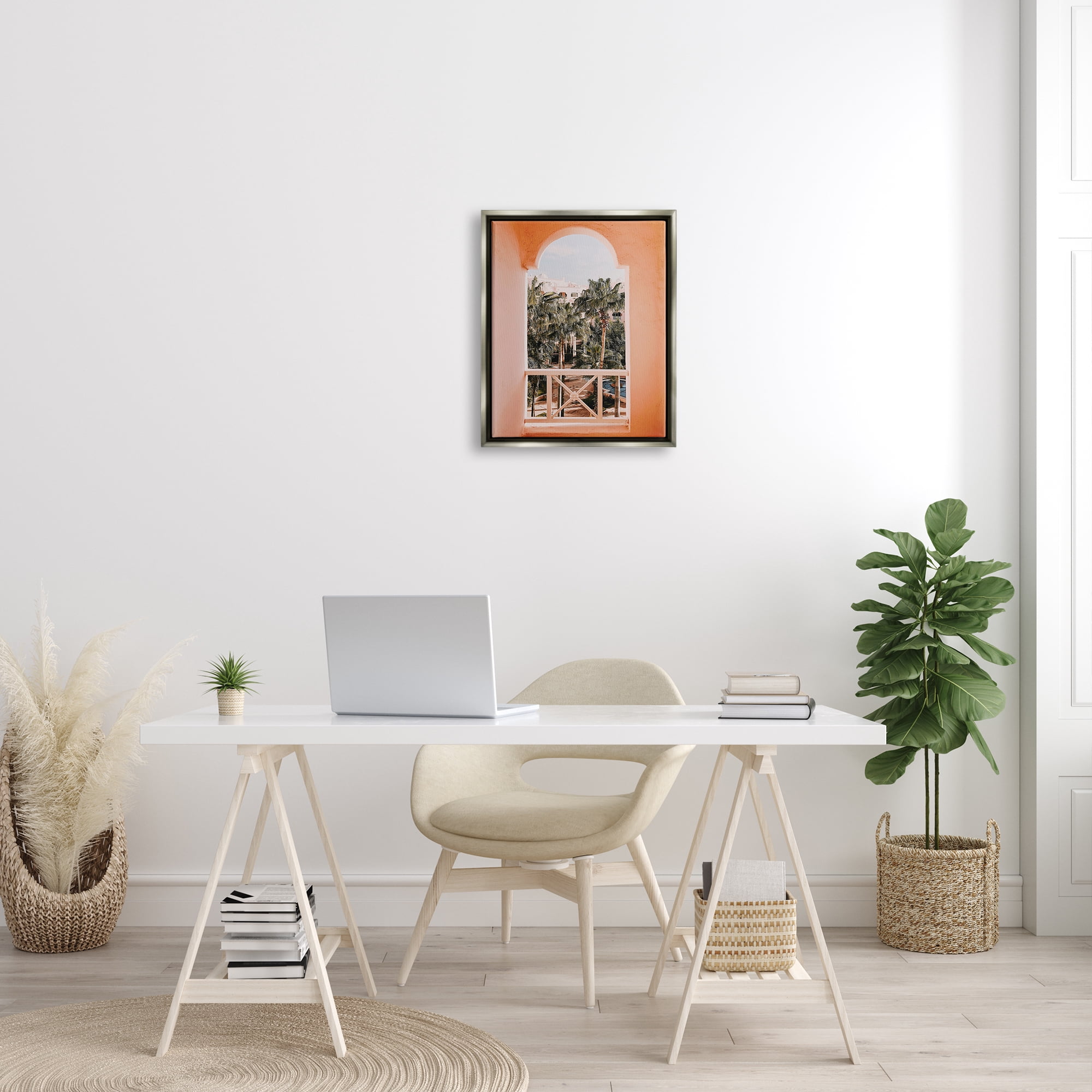 Stupell Tropical Palm Trees Window View Landscape Photography Gray Floater Framed Art Print Wall Art