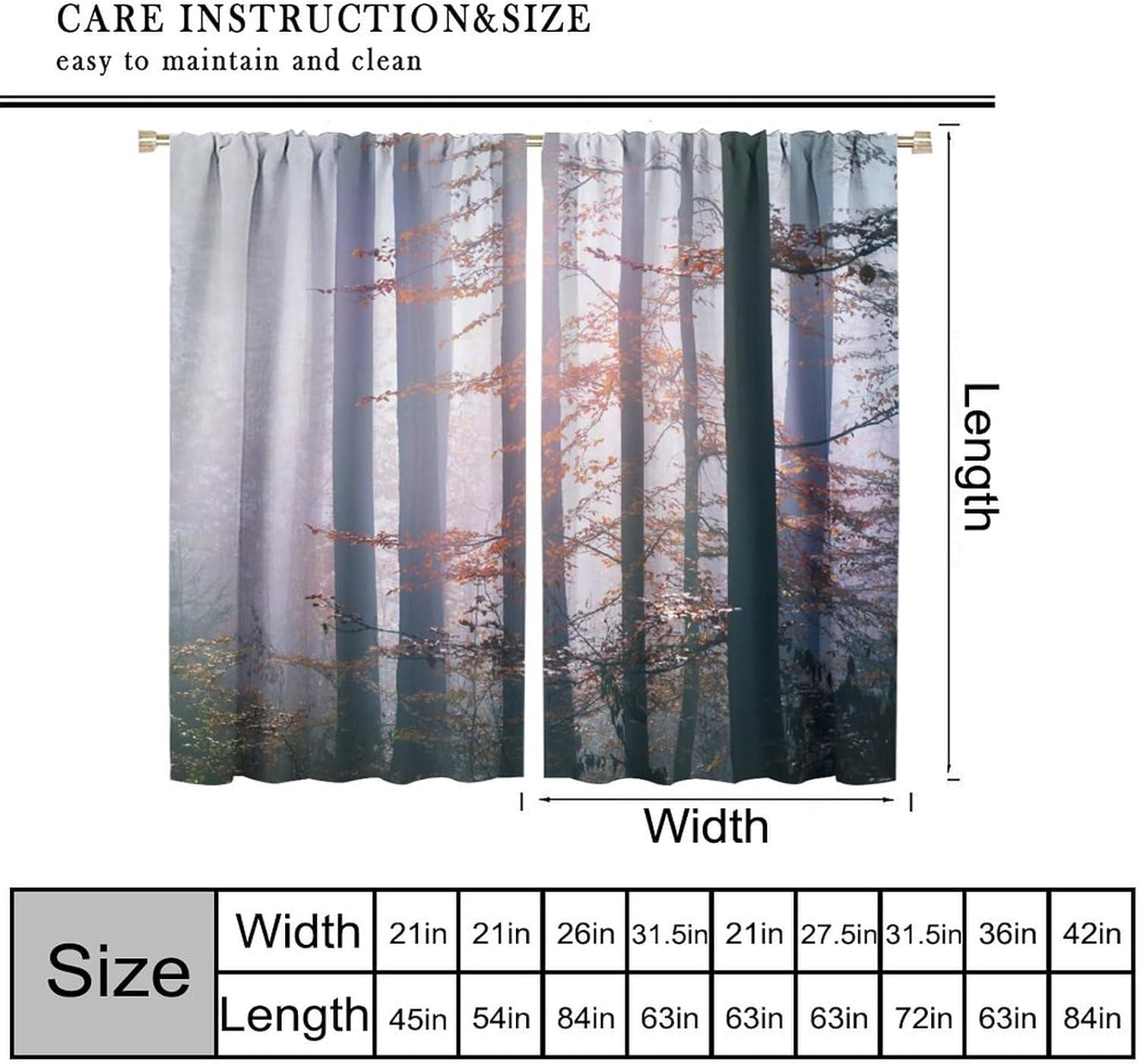 Natural Scenery Curtains, Misty Forest Red Maple Grass Jungle Pattern Print Window Decoration for Bedroom Living Room Thermal Insulation Curtains 42x54 Inches