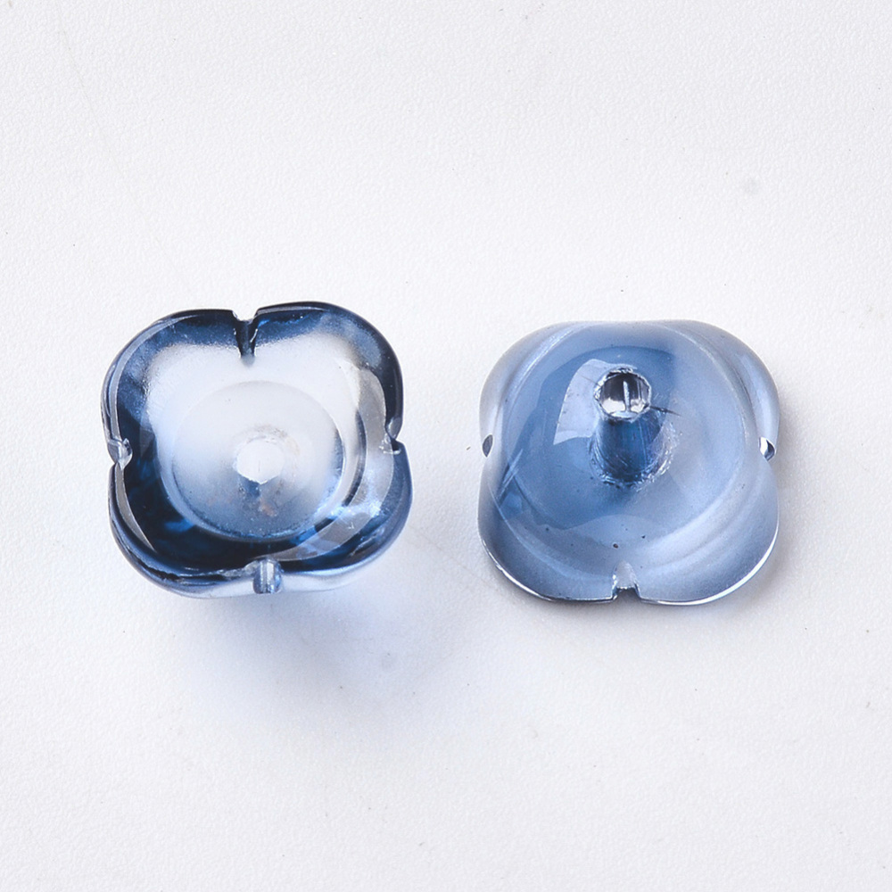 4-Petal Two Tone Transparent Spray Painted Glass Fancy Bead Caps Flower Marine Blue 11.5x11.5x7mm Hole: 1.6mm