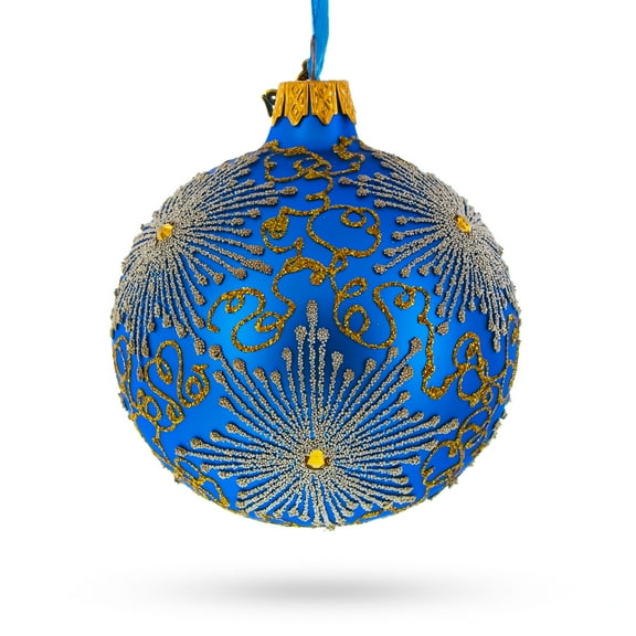 Sparkling Jeweled Snowflakes on Blue Glass Ball Christmas Ornament 3.25 Inches