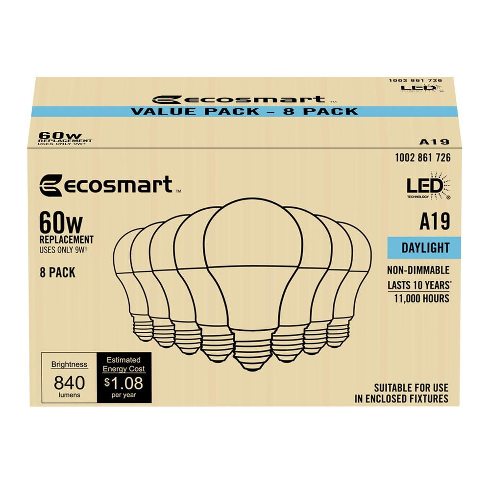 NEW ECOSMART 8PK 60-Watt Equivalent A19 Non-Dimmable LED Light Bulb Daylight 