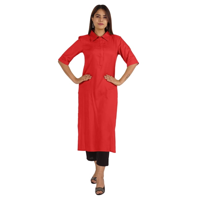 Moomaya Kurta en Rayonne Uni pour Femmes à Manches Évasées, Col à Cordon, Kurti Ethnique Long