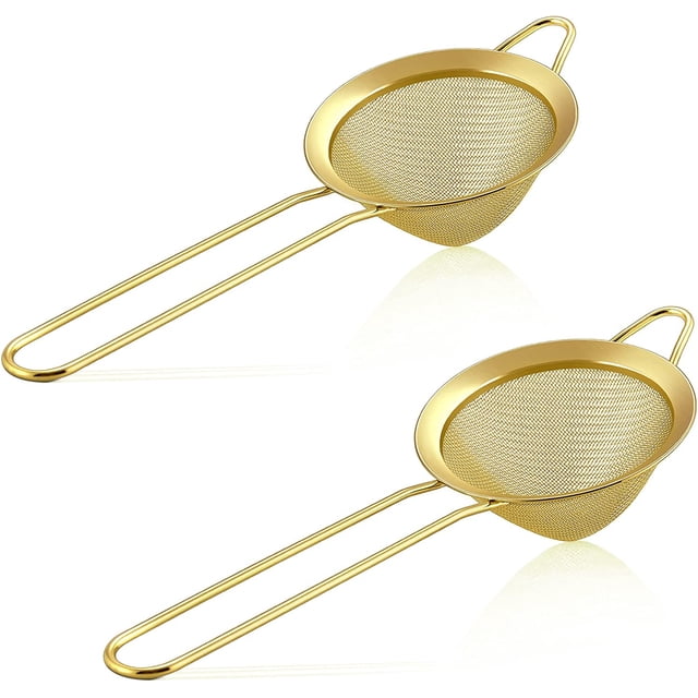 Fine Mesh Strainer Set of 2, E-far 3.3 Inches Stainless Steel Tea Strainer with Long Handle, Small Conical Mesh Strainers Sieve for Cocktail Coffee Food, Rust Proof & Easy to Clean(Gold)