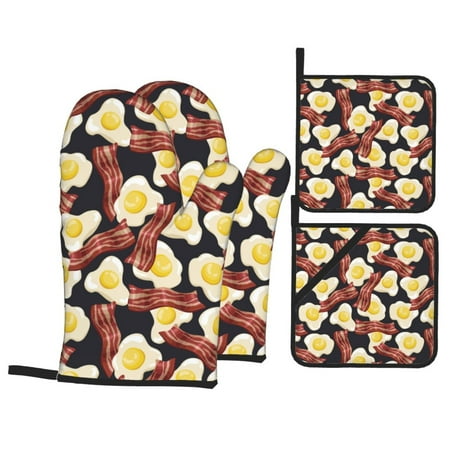 

Oven Mitts and Pot Holders 4 Piece Cute Fried Egg Meat High Heat Slip Resistant Oven Mitt and Trivets Set Kitchen Oven Glove Pot Holders for Cooking Baking Grilling