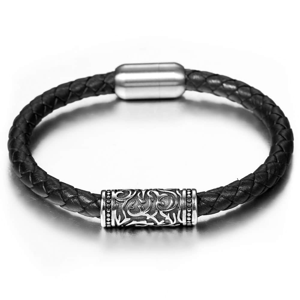 Men's Jewelry Leather Braided Titanium Stainless Steel Bracelet SLIVER RODS