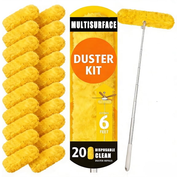 JFengqi Heavy Duty Duster Refills, 20 Count Refills & 6 ft Extendable Handle, 360° Disposable Microfiber Feather Duster Multi Surface Refill