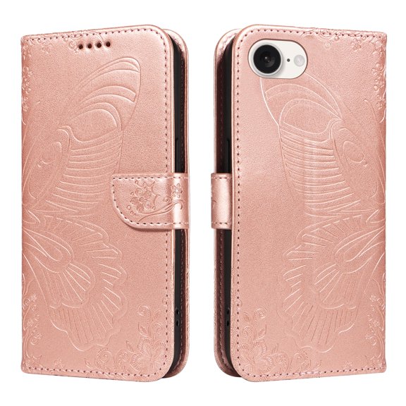 ELEHOLD Wallet Case for iPhone 16e, Butterfly Embossed Phone Case with Kickstand and Card Slots, Shockproof Leather Cover with Wrist Strap,Rosegold