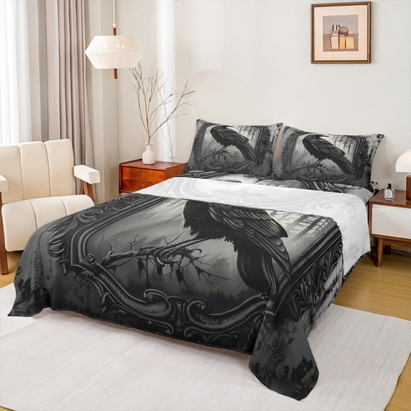 jejeloiu Wild Crow Twin Sheet Sets,Dark Style Twin Fitted Sheet,Black Raven Flat Sheet For Men Women,Ultra Soft Home Decor,3-Piece